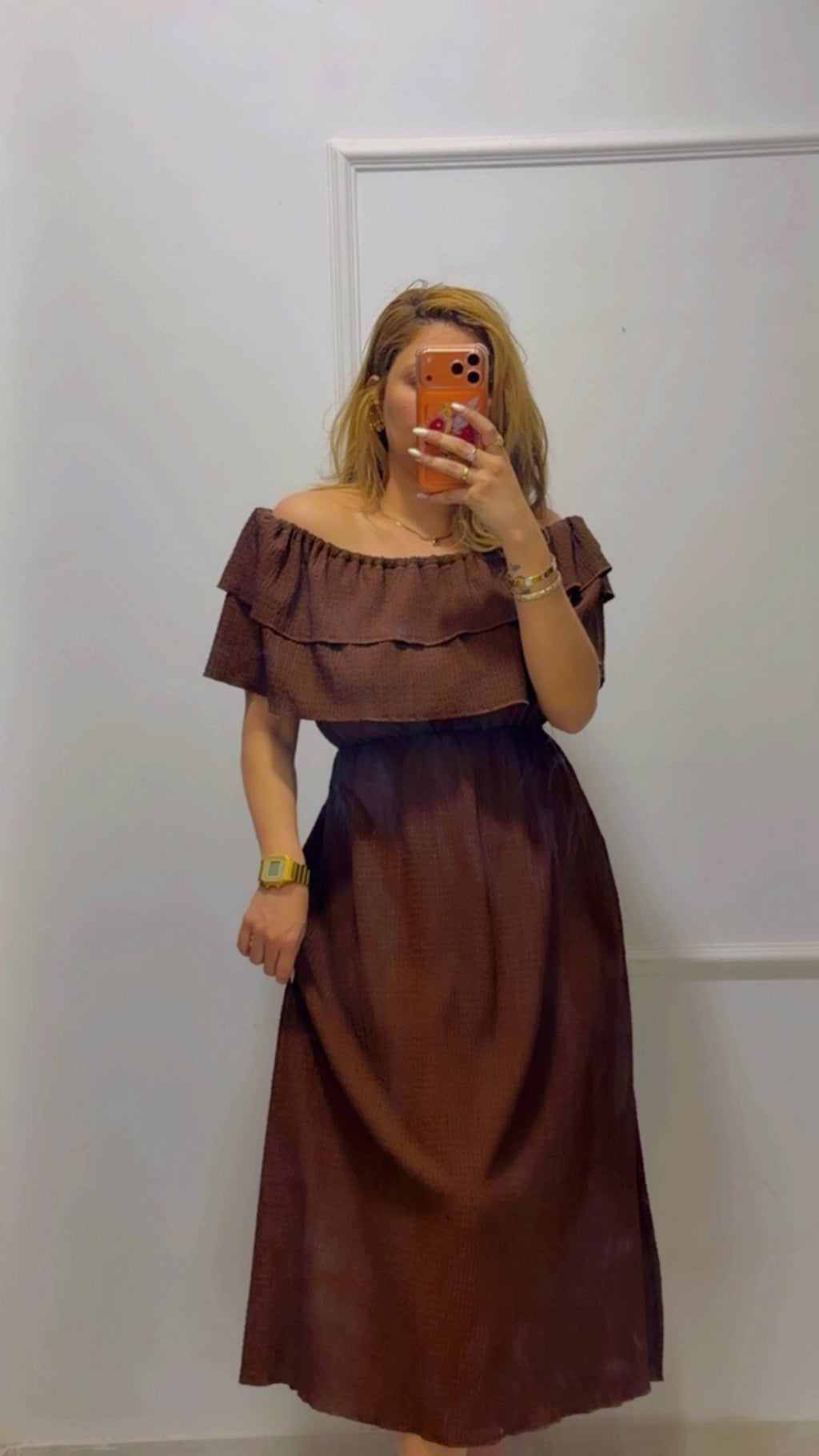RUFFLED OFF-SHOULDER MIDI DRESS
