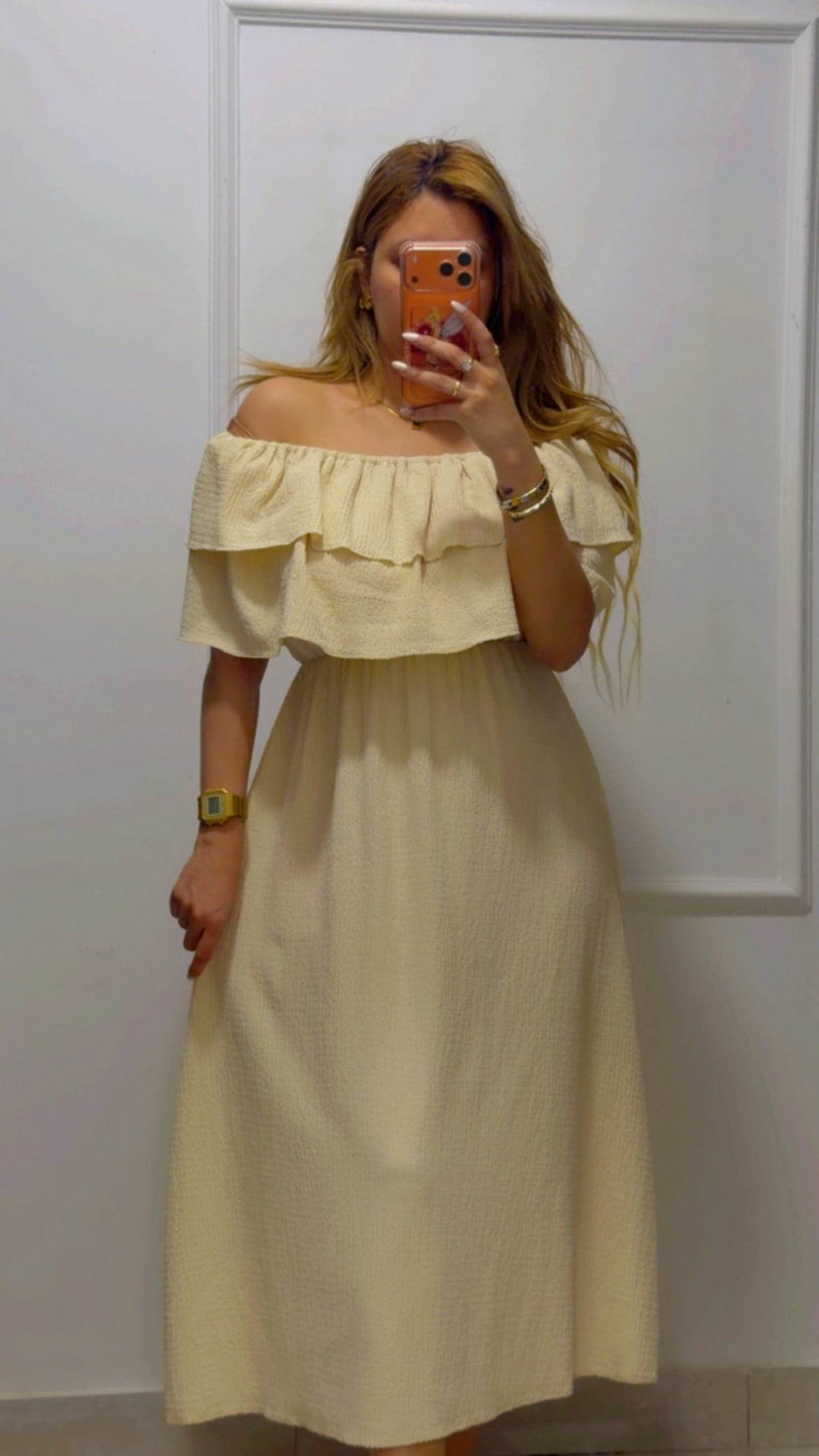 RUFFLED OFF-SHOULDER MIDI DRESS