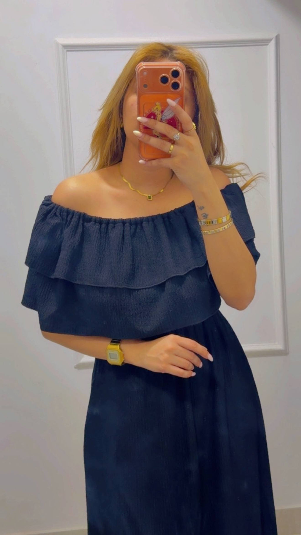 RUFFLED OFF-SHOULDER MIDI DRESS