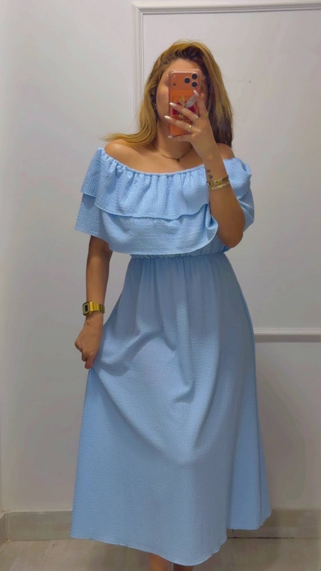 RUFFLED OFF-SHOULDER MIDI DRESS