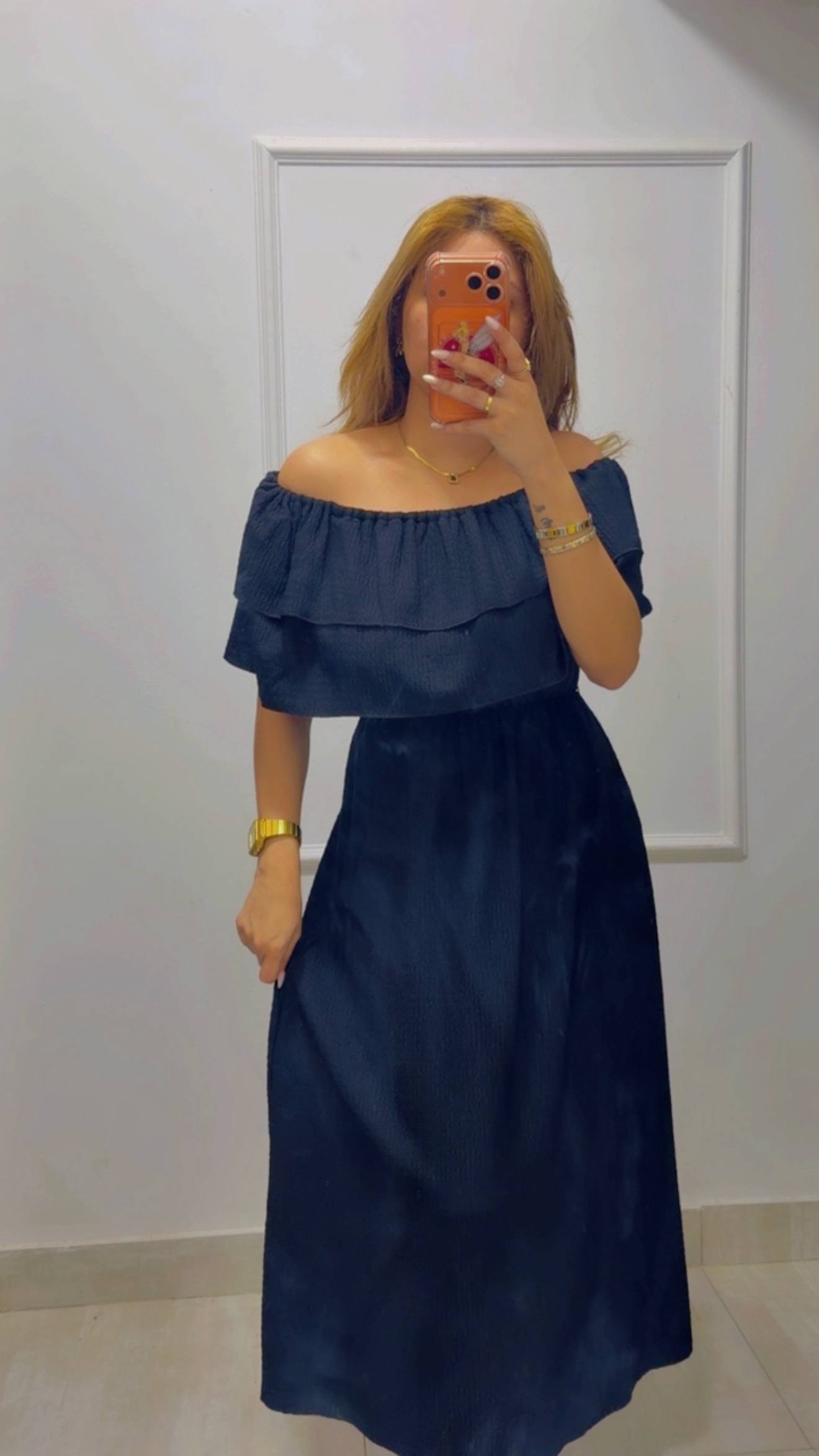 RUFFLED OFF-SHOULDER MIDI DRESS