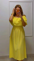 RUFFLED OFF-SHOULDER MIDI DRESS
