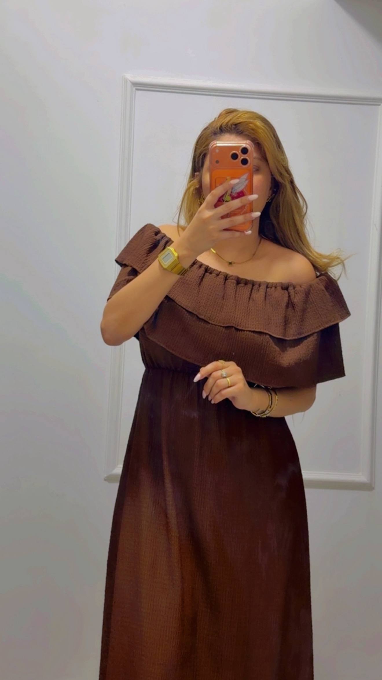 RUFFLED OFF-SHOULDER MIDI DRESS