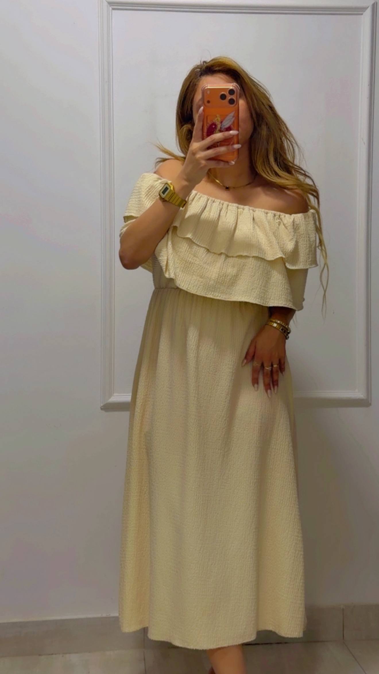 RUFFLED OFF-SHOULDER MIDI DRESS