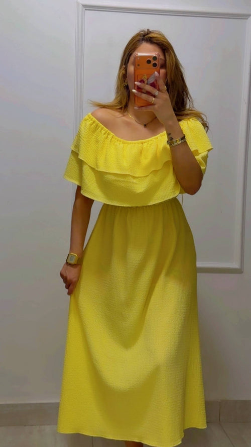 RUFFLED OFF-SHOULDER MIDI DRESS