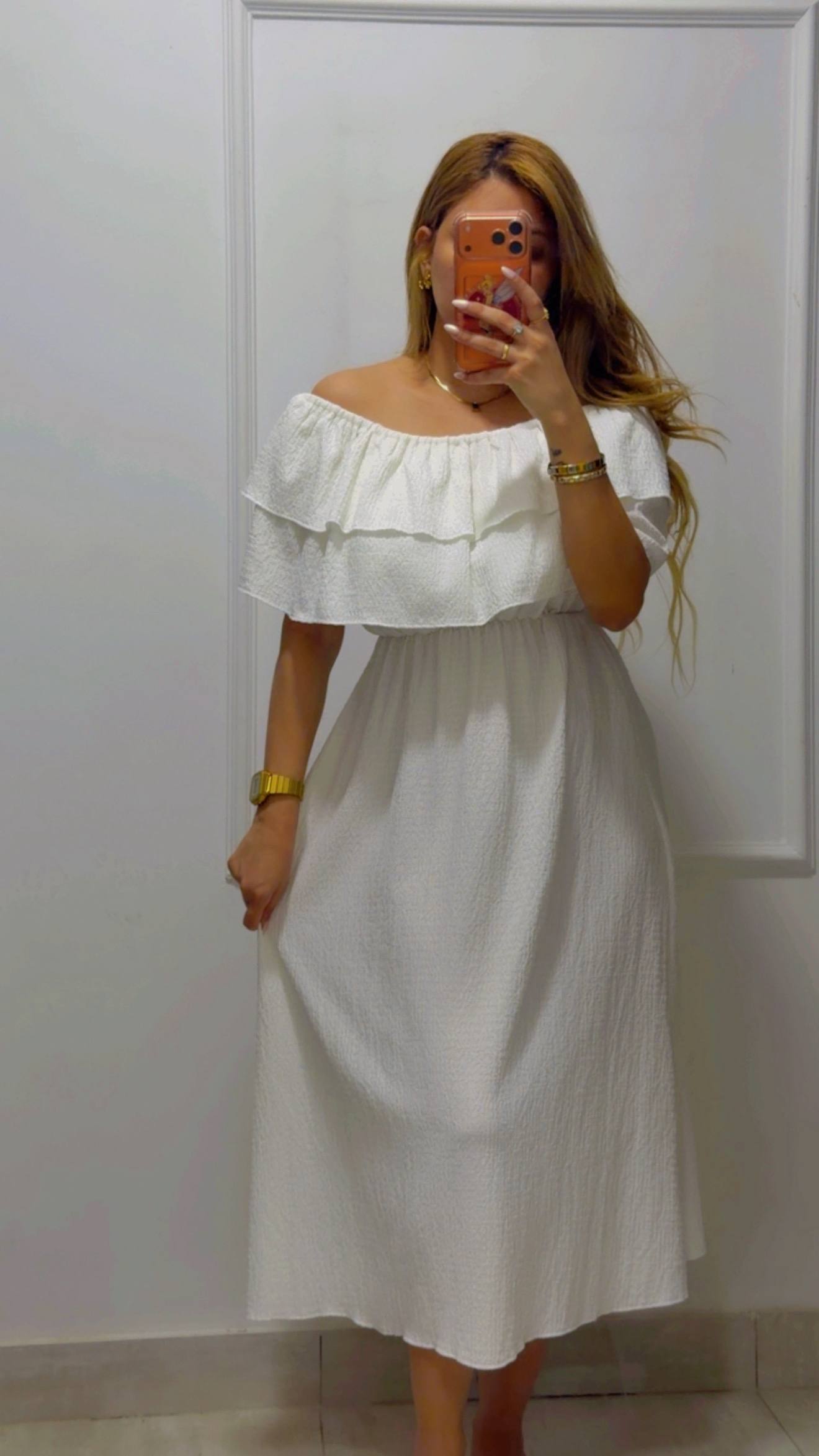 RUFFLED OFF-SHOULDER MIDI DRESS