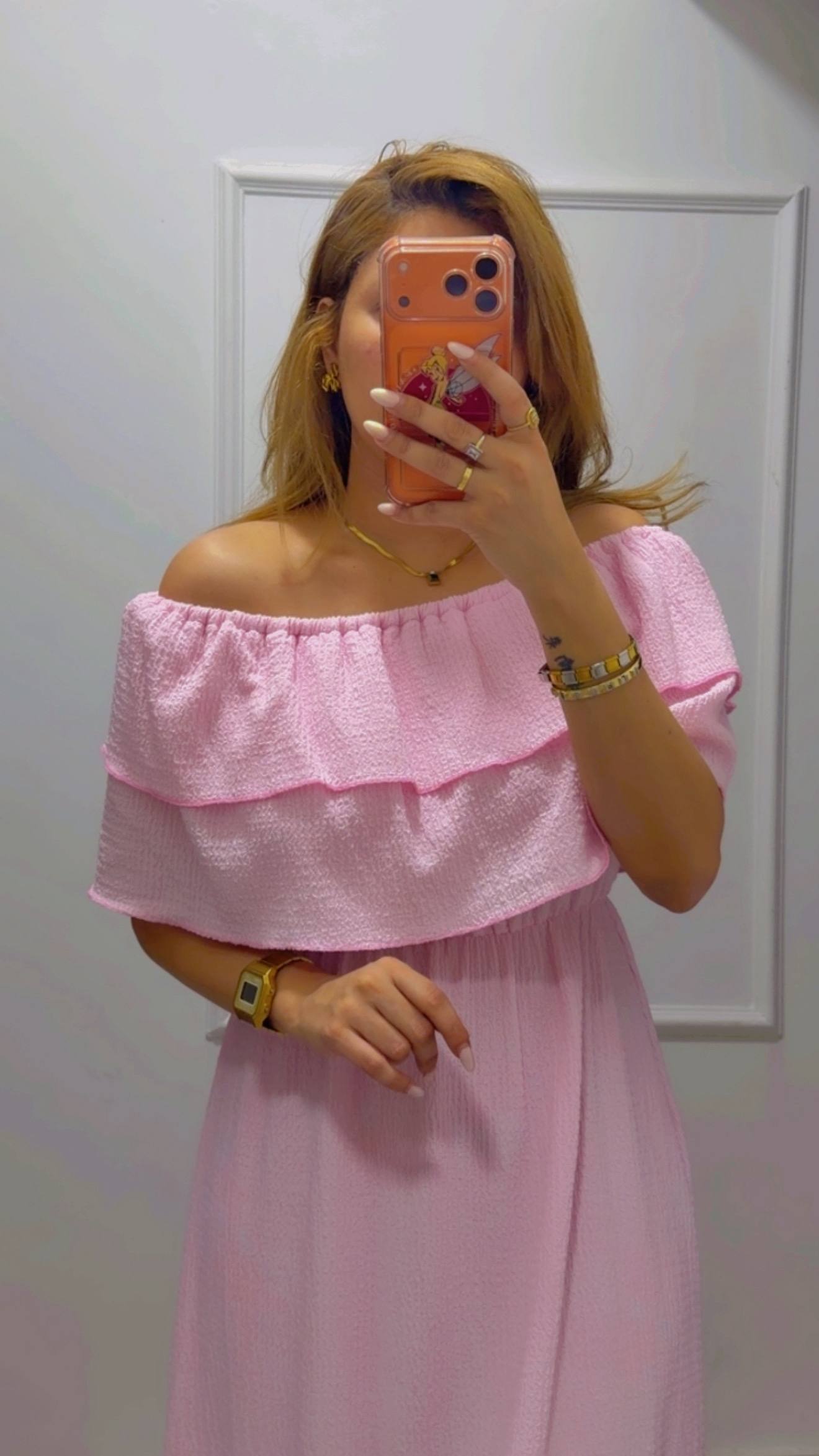 RUFFLED OFF-SHOULDER MIDI DRESS