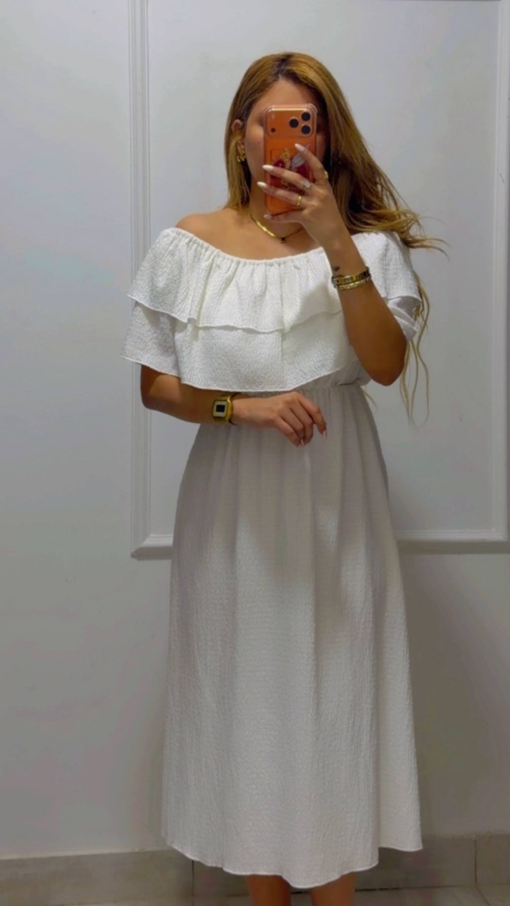 RUFFLED OFF-SHOULDER MIDI DRESS