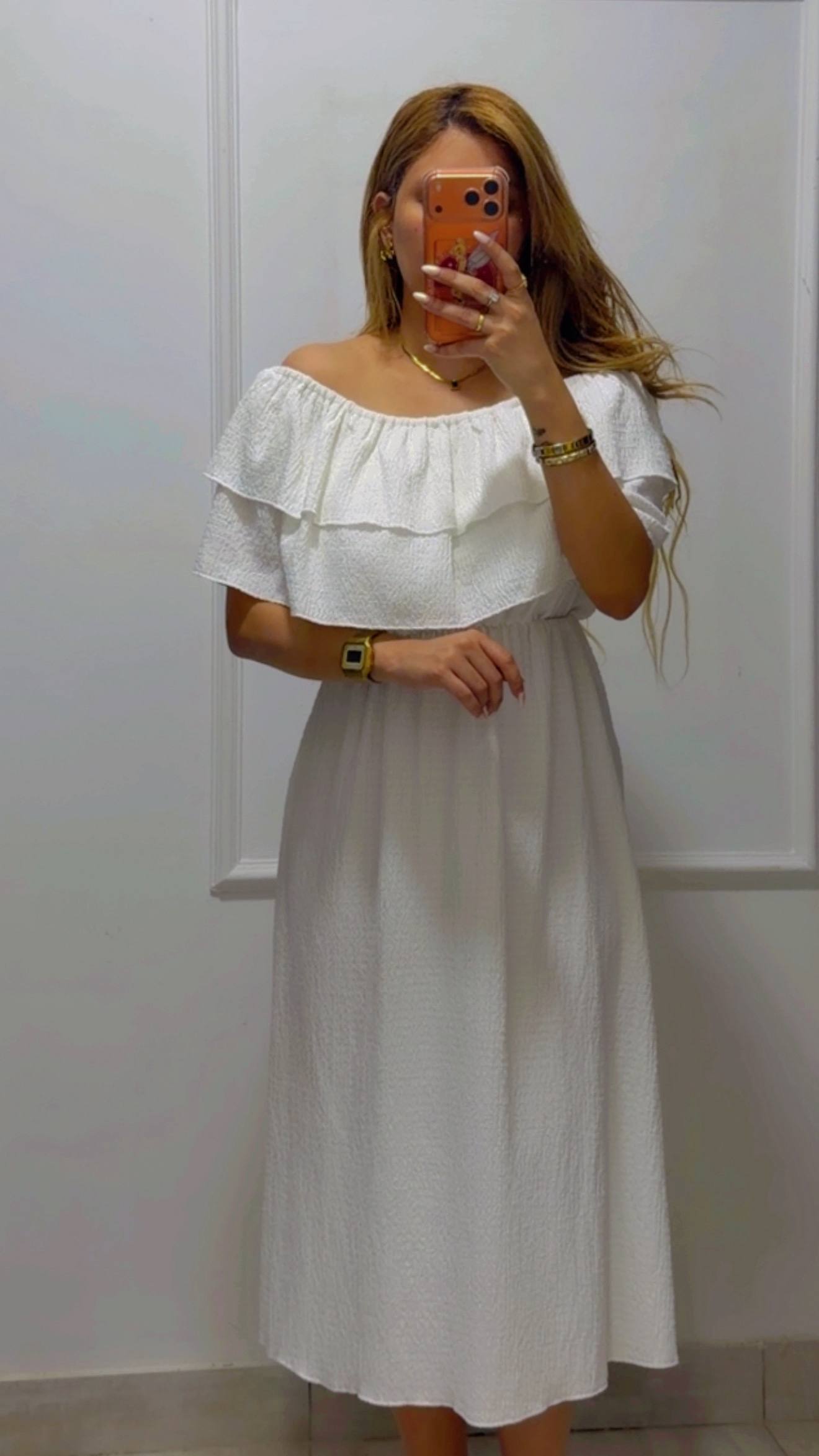 RUFFLED OFF-SHOULDER MIDI DRESS