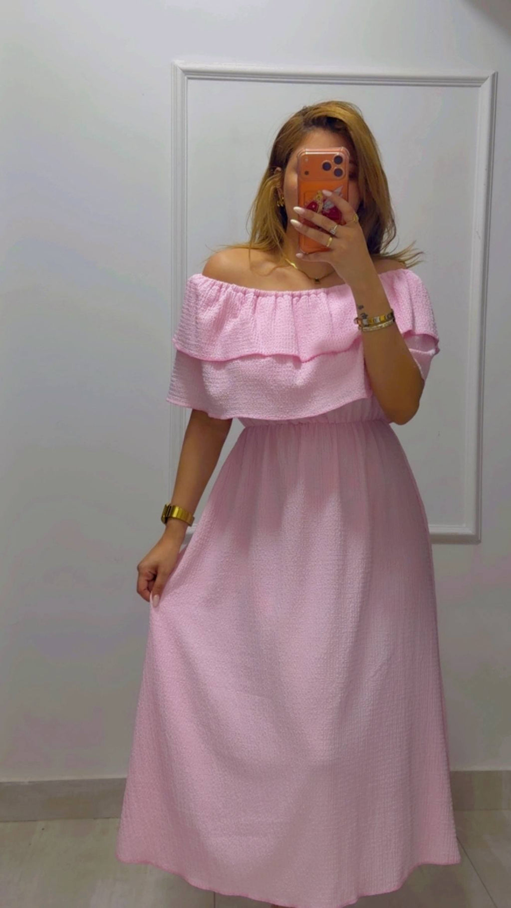 RUFFLED OFF-SHOULDER MIDI DRESS
